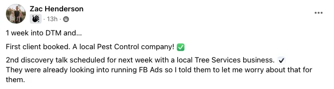 Screenshot testimonial from Zac Henderson about booking a local pest control client after one week.